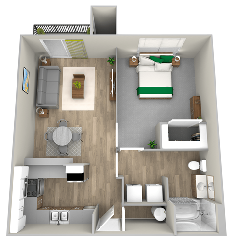 Floor plan for 1 bed, 1 bath, 708 sqft